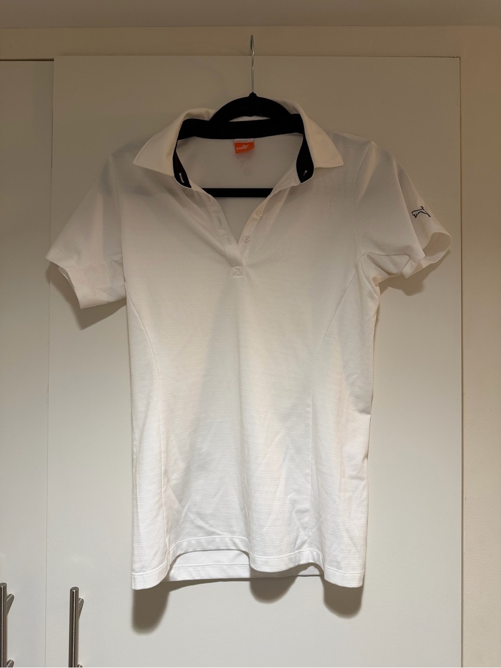 Puma White Polo Top with Black Contrast Collar - Women’s golf shirt